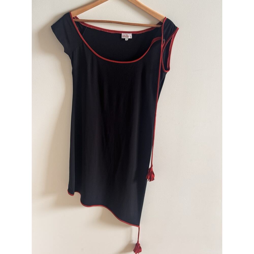 VTG Leona Edmiston 2004 Asymmetrical Black Dress Red Trim Tassel Size 10 Boho